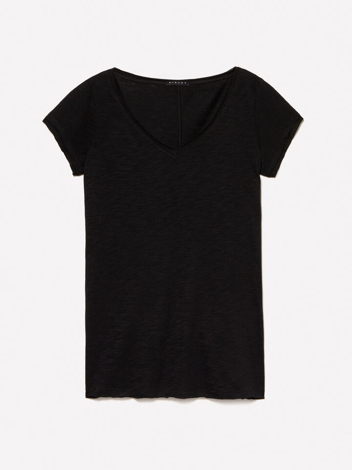 T-shirt noir col V - t-shirts à manches courtes pour femme - Noir | Sisley image number 5